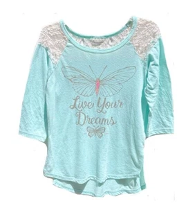 Mudd Girls Butterfly Shirt 3/4 Sleeves Blue White Blouse with Lace Size 14 - Picture 1 of 5
