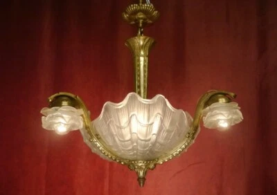 ANTIQUE ART DECO CHANDELIER 6 LIGHT FINE BRONZE LAMP GLASS  c. 1920 Ø 24" - Image 1 of 4