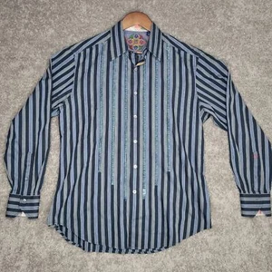 Robert Graham blau gelb Seide DNA Naht Knopfleiste Anzughemd Herren Large - Bild 1 von 12