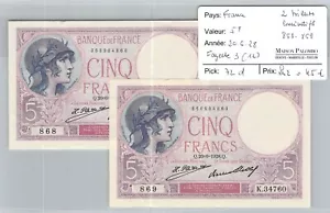 2 BILLS FRANCE - 5 FRANCS 20.6.1928 - CONSECUTIVE BILLS 868/869 - Picture 1 of 2