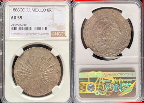 1888  Mexico Go RR GUANAJUATO   Large 8 Reales Silver Coin KM 377.8 NGC  AU58 Cover