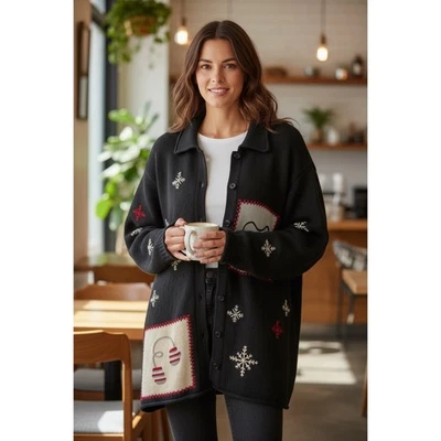 Cárdigan vintage negro copo de nieve 3X bordado botón delantero Cherokee Foto 1 de 4