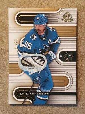 Juego usado 2022-23 SP - Erik Karlsson #79 dorado/25 parche diente de tiburón sucio Foto 1 de 4