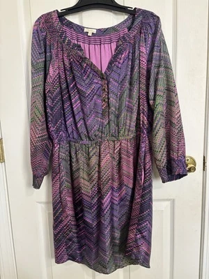 Vestido Shoshanna 100% Seda Púrpura Verde Geométrico Manga Larga Talla 10 Boda Foto 1 de 4