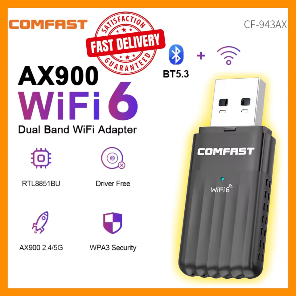 WiFi 6 AX900 USB Adapter Bluetooth 5.3 Dual Band 2.4G/5GHz 900Mbps Win10/Win11 - Image 1 of 4
