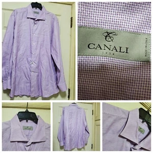 Canali Shirt Men 46 18 Purple Micro Check Dress Career Office Work Cutaway Italy - Picture 1 of 18