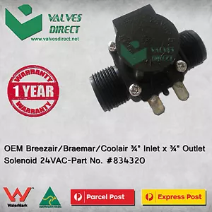 OEM Breezair/Braemar/Coolair 3/4" Inlet x 3/4" Outlet Solenoid 24VAC #834320 - Picture 1 of 2