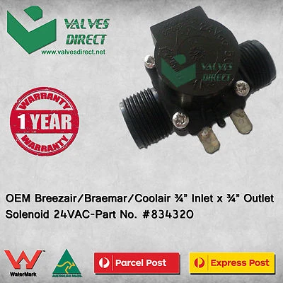 OEM Breezair/Braemar/Coolair 3/4" Inlet x 3/4" Outlet Solenoid 24VAC #834320 - image 1 of 2
