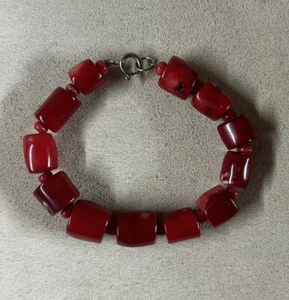 Sterling Silver Red Coral Beaded Bracelet 7” - Picture 1 of 3