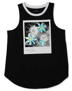 Nuevo con etiquetas Ringer Tank de Justice Sequin Daisies Gráficos Polaroid Cuello Alto Negro Suave - Imagen 1 de 3