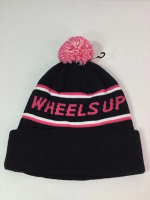 WHEELS-UP Black & Pink Trim Pom/Pom Beanie Knit Cap. NEW. - Image 1 of 4
