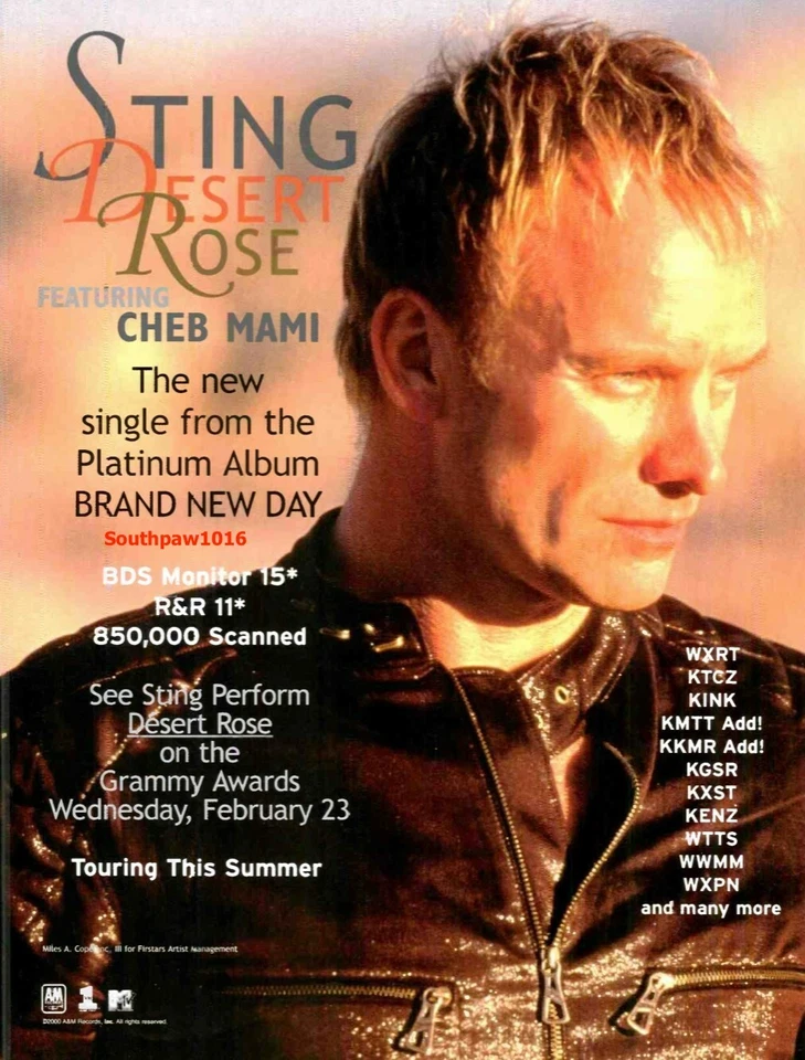 1999 Sting "Desert Rose"  Song Release Music Industry Promo Reprint Ad - Image 1 of 1