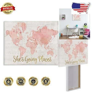 Ready to Hang Pink World Map Canvas - 24x30 Art for Dreamers and Travelers - Picture 1 of 9
