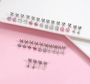 14 Pairs Hypoallergenic Screw Back Stud Earrings for Women Surgical Steel Tiny - Picture 1 of 6
