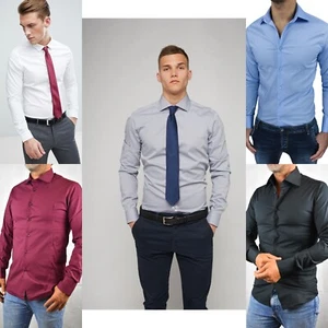 Camicia da Uomo Slim Fit elasticizzata casual elegante cerimonia classica cotone - Foto 1 di 17