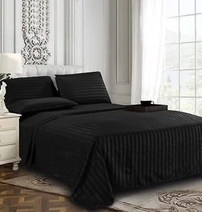 California King Size Luxury Bed Sheet Sets, Microfiber Damask Stripe ,Black - Picture 1 of 7