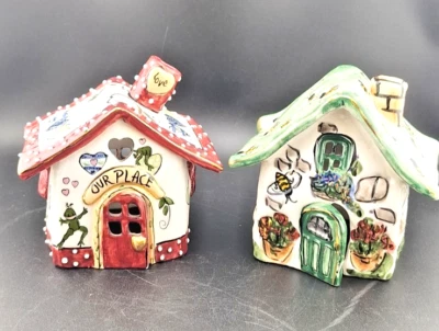 Pair of 2 Blue Sky Clayworks Candle House artist Heather Goldminc, VTG 5" x 5" Foto 1 de 4