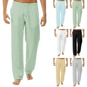 Herren Baumwolle Leinen lose Hose lässig Kordelzug Strand Yoga Baggy lange Hose - Bild 1 von 22