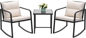 3 Pce Rocking Bistro Set Wicker Patio Outdoor Furniture Porch Chairs Glass Table - Picture 1 of 7