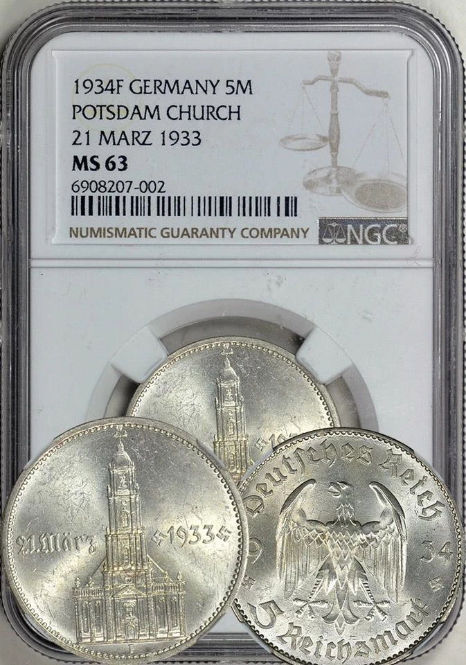 Germany 1934F 5 Mark / Five Reichsmark. Potsdam. NGC MS-63. Luster! - Image 1 of 1