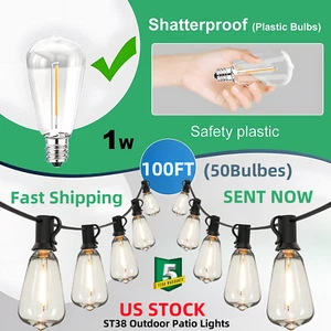 100ft String Light ST38 LED Shatterproof IP65 Warm for Outdoor Garden Patio Yard - Picture 1 of 14