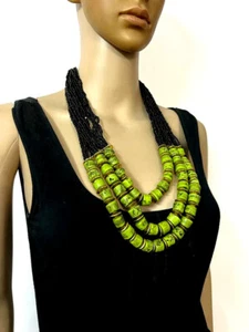 N7614 Bold Glass Multi Strand Bone TIBET Ethnic Long Naga Gypsy NECKLACE Jewelry - Picture 1 of 11