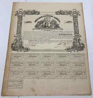 Type 50, Ball 62, 1862 $1000 Confederate States of America Loan uncut - Image 1 of 2