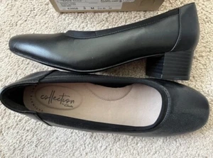 Clarks Womens Chartli Fame Pump Size 8 M Black Leather Chunky Heel Comfy Shoe - Picture 1 of 3