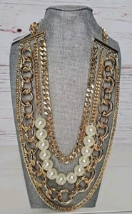 NATASHA Multi Strand Gold Tone Faux Pearl Statement Chunky Necklace Christmas - Picture 1 of 12