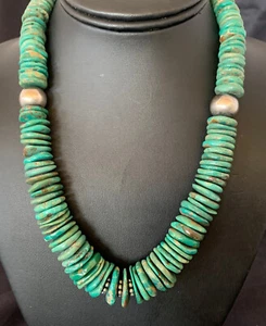 Green Turquoise Graduated Navajo Sterling Silver Necklace 19" 11705 - Picture 1 of 12