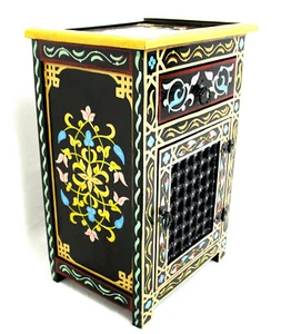 Moroccan Nightstand Table Painted Black Yellow Moucharabi Handmade Decor - Picture 1 of 5