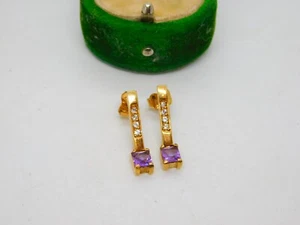 9ct yellow Gold, Amethyst & Spinel Set Drop Stud Earrings Vintage c1980 - Picture 1 of 6