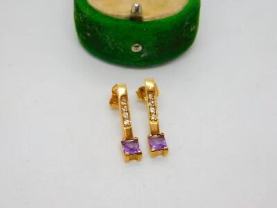Conjunto de brincos de ouro amarelo 9 quilates, ametista e espinélio vintage c1980 - Imagem 1 de 4