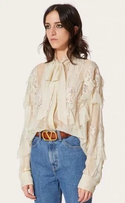 Blusa de encaje con corbata y cuello de gasa de seda para mujer Valentino Garavani Foto 1 de 4