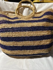 J. McLaughlin XL Straw Tote Bamboo Handles Striped Beach Bag Lined W Coin Purse - Picture 1 of 11