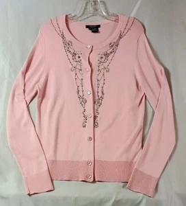 Vtg 90s Y2k Button Up Cardigan Women M Sparkly Pink Rhinestone Beads Cottagecore - Picture 1 of 9