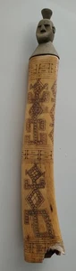 Seltener 10 Zoll + früher indonesischer Stamm Scrimshaw geschnitzter Büffelhorn-Kalkbehälter - Bild 1 von 14