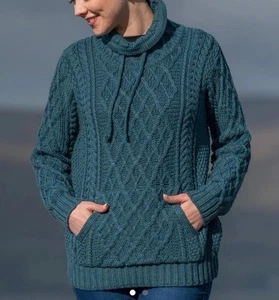 Aran Sweater Market Drawstring Neck L 100% Merino Wool Pouch Pocket Teal Cable - Picture 1 of 12