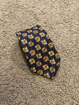 Corbata Salvatore Ferragamo Vintage Mono León Estampado Animal Seda Azul Marino Cuello Foto 1 de 4