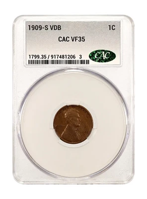 1909-S VDB Lincoln Wheat Cent Penny CACG VF 35 BN CAC - Image 1 of 3