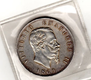 ITALIE ITALY MILAN 5 LIRE 1869 VITTORIO EMANUELE II SUP/XF  SILVER  ARGENT - Imagen 1 de 2