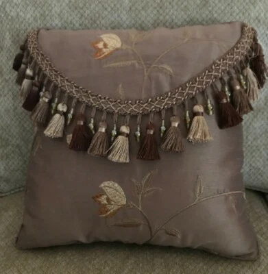 Custom Made Designer Decorative Bed Throw Accent Pillow Tassels Sequins - Brown - Image 1 of 3