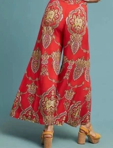 Anthropologie Ett:twa Pants Womens 2 Flared Wide Leg Palazzo Red Jacquar Paisley - Picture 1 of 15