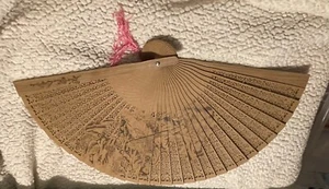 Vintage Chinese Wooden Folding Hand Fan With Pink Tassel And Green Gift Cased - Picture 1 of 7