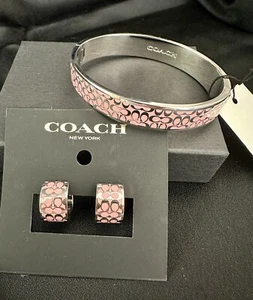 Coach Set Logo Blush Pink Enamel/ Silver Hoop Earrings Bangle Hinged Bracelet - Picture 1 of 4