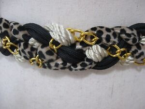 Vintage Statement Belt Braided Stretch Cord Black White Leopard Print Gold Chain
