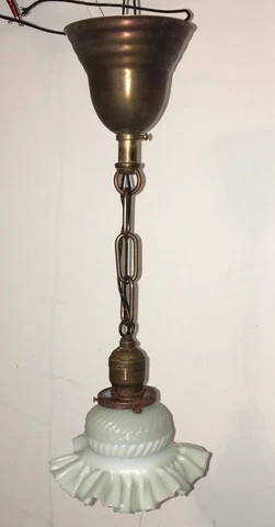 18" Long Vintage Antique Pendant Light Ruffled Glass Globe 27E Cover