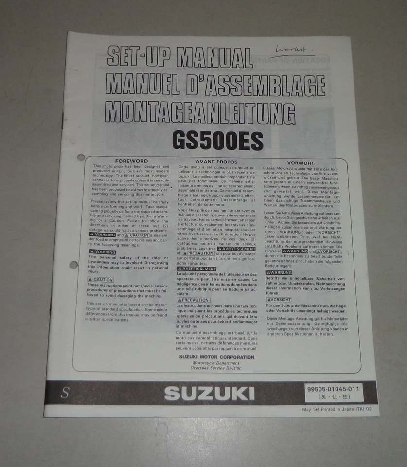 Instrucciones De Montaje / Manual De Configuración Suzuki GS 500 E Año 05/1994 - Imagen 1 de 1