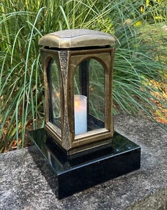 Grablaterne  Sockel Grablampe  Grableuchte Grablicht  Granit Schwarz Gold Silber - Bild 1 von 9
