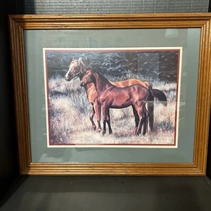 Robin Brown Print Of Two Horse In Field- Wooden Frame And Matted - Picture 1 of 7